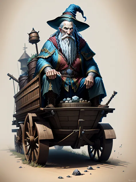 an old wizard on top of a wagon, emphasis on its action, texturas ultra detalhadas, layers of textures faithful to reality, Professional lighting, detalhamento realista