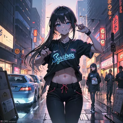 Cute girl standing, low-angle, girl focus, (1girls:1.3), Bangs,winked,neckless , (Sports jerseys + Black pants), ultra detaild, Crystal Blue Eyes,Slender, masterful technique, joints, Long hair, animetic, Solo, Dark hair, High quality, Masterpiece,detailed...