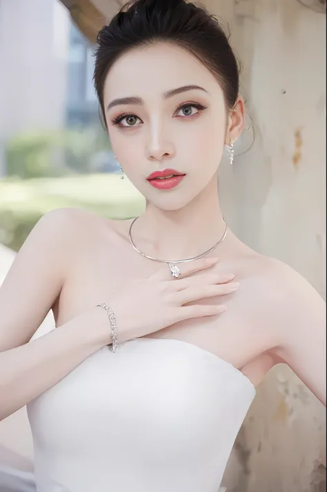 a close up of a woman wearing a white dress and a necklace, dilraba dilmurat, cai xukun's, wearing elegant jewellery, bautiful, ...