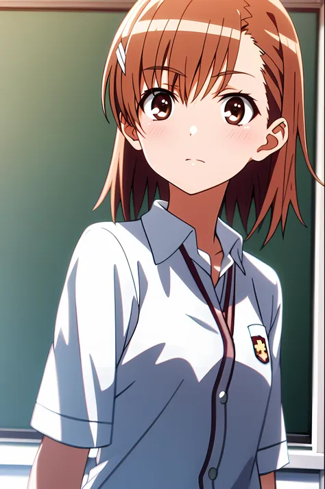 masterpiece, best quality, misaka_mikoto, brown eyes, short_hair, small_breast, looking at viewer, solo, closed_mouth, collared_...