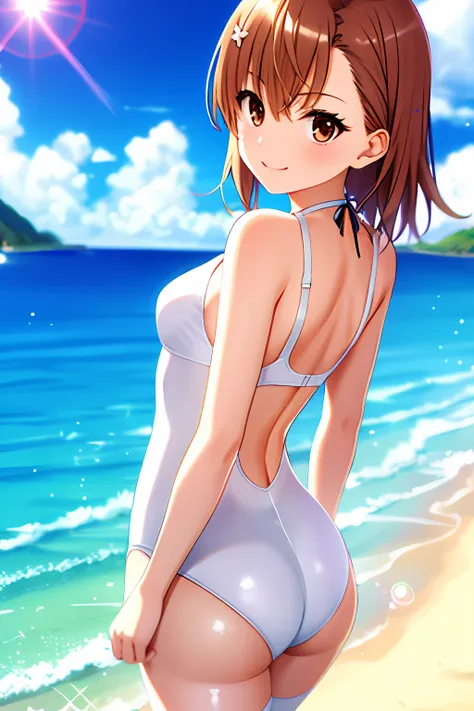 masterpiece, best quality, misaka_mikoto, brown eyes, looking at viewer, solo, small breast, upper body, (swimsuit), beach, outd...