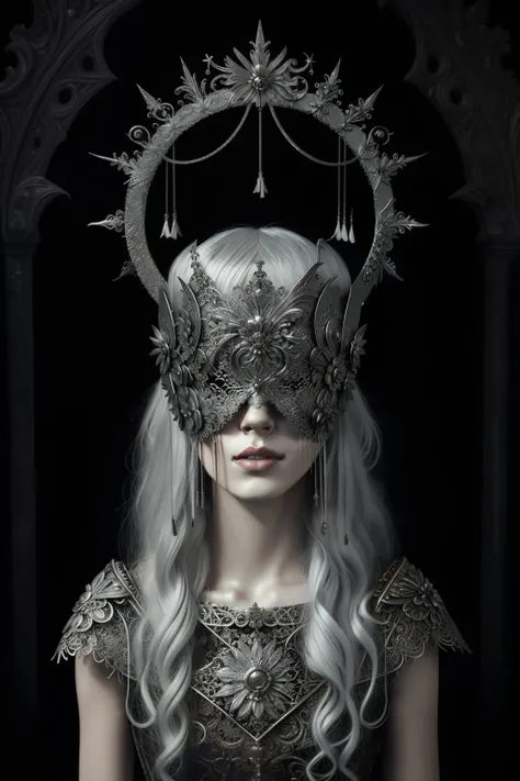 portrait a woman wearing a silver halo blind mask, white hair, gothic dress, lace trim, tone mapped, detailed, highly detailed, ...