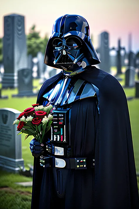 darth_vader (holding a bunch of flowers) at a graveyard, 8K Texture, 8K, insane details, intricate details, hyperdetailed,Ultra detailded,Realistic,soft cinematic light,HDR,Sharp Focus, ((cinematic look)),intricate