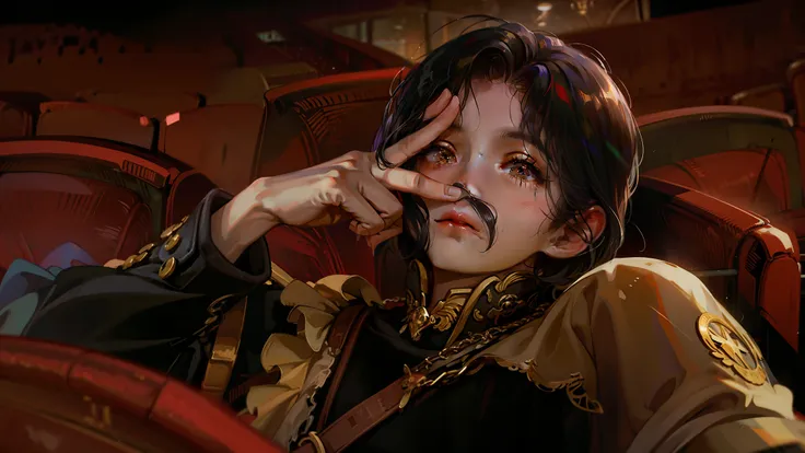 Ridiculous, high resolution, super detailed), 1 girl, solo, mature, (short brunette hair with long parted bangs), highest detail, serious expression, looking away, movie theater red seats background, hand doing v-pose while covering other eye, miserable em...