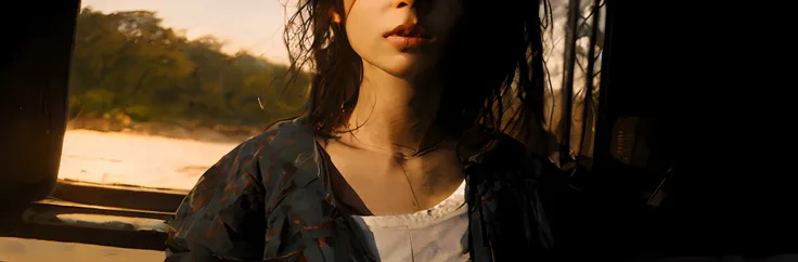 there is half body of intelligent japan teenage woman illuminated by the light of the setting sun、with a well-formed hairstyle、w...