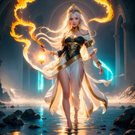 a woman in bizarre costume holding a fiery wand，full close-up, standing barefoot in a disc on the water，a ring of fire around，th...