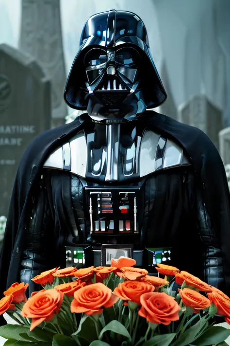 darth_vader (holding a bunch of flowers) at a graveyard, 8K Texture, 8K, insane details, intricate details, hyperdetailed,Ultra detailded,Realistic,soft cinematic light,HDR,Sharp Focus, ((cinematic look)),intricate