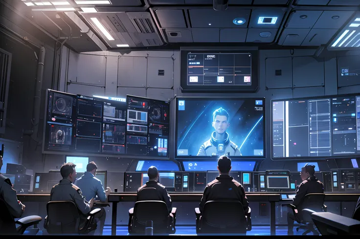 space control room, control hall, lots of screens, screens with blue light, lots of crew, everyone applauds, realism, high detai...