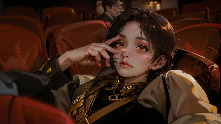 Ridiculous, high resolution, super detailed), 1 girl, solo, mature, (short brunette hair with long parted bangs), highest detail, serious expression, looking away, movie theater red seats background, hand doing v-pose while covering other eye, miserable em...
