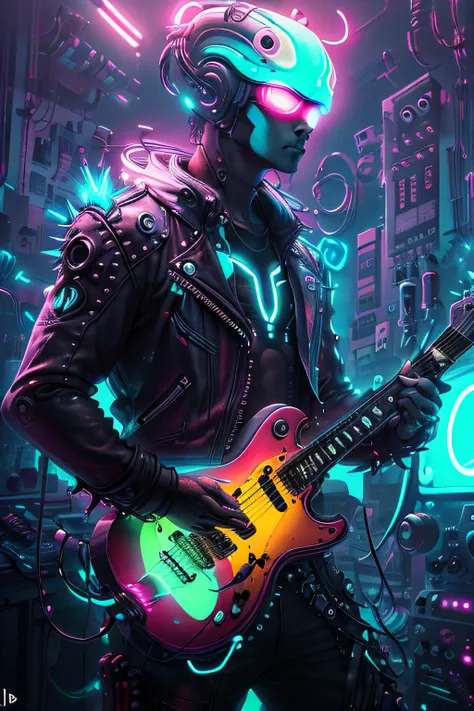 a ((neon)) blue alien punk with spiky hair and a leather jacket, holding a guitar in one hand and a ((glowing)) energy drink in ...