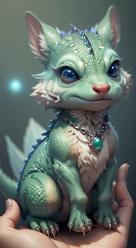 gorgeous little surreal dragon with realistic eyes and bright different colors care necklace， there are blue crystals on the bod...