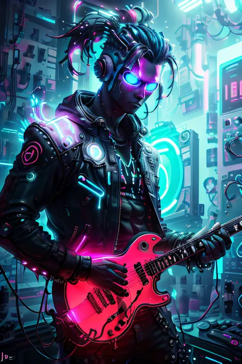 a ((neon)) blue alien punk with spiky hair and a leather jacket, holding a guitar in one hand and a ((glowing)) energy drink in ...