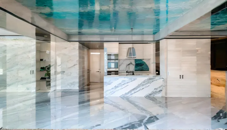 It was a homely apartment,The whole decoration is very high-grade Modi teal with gold stainless steel edges,The dark grey marble floor is complemented by a macaron cream contrast,巨作, Best quality,8K, UltraHighResolution,the living room,highend,posh,3 d per...