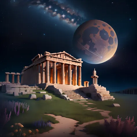 high quality landscape painting of roman forum and colosseum with the full moon, stars by unreal engine --auto