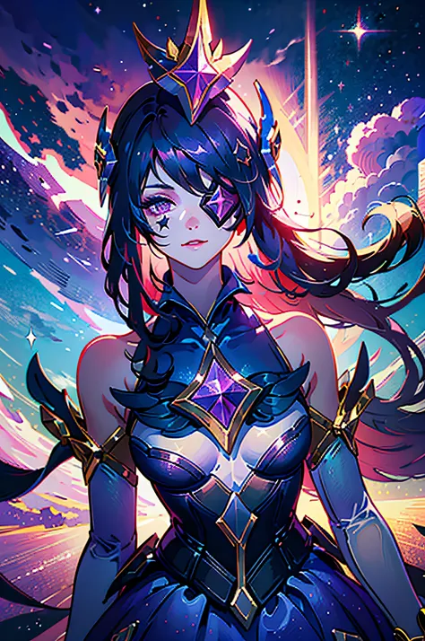 (masterpiece:1.2), best quality, (illustration:1.2), star guardian syndra, 1girl, eyepatch, hair ornament, frilled skirt, dress,...