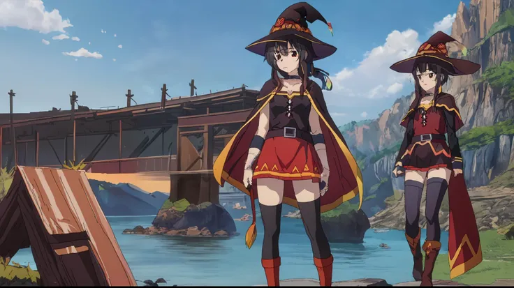 Megumin, cuerpo completo, pies, prado, desnuda, bello pubico, capa, sombrero de bruja