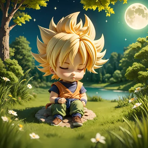 full body，chibi，1boy，sleep on the grass，son goku，supersaiyan，as estrelas，lune，lakes，forested，夜晚，