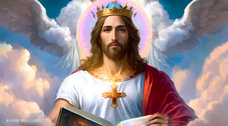 uma pintura de um homem com uma coroa e um livro, Rei dos Reis, Jesus Cristo, Jovem Deus Todo-Poderoso, sentou-se em seu trono, O Deus Imperador da Humanidade, Retrato de um Deus Celestial, O Senhor e Salvador, Retrato de Jesus Cristo, imagens sagradas, ar...