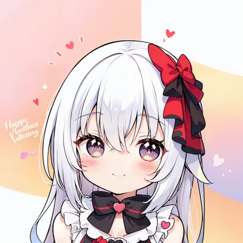 cute valentines day (((chibi))) poster, white hair, asymmetrical hair, bangs, heart-shaped pupils, smile, light smile, light blu...