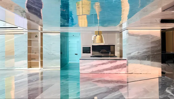 It was a homely apartment,The whole decoration is very high-grade Modi teal with gold stainless steel edges,The dark grey marble floor is complemented by a macaron cream contrast,巨作, Best quality,8K, UltraHighResolution,the living room,highend,posh,3 d per...