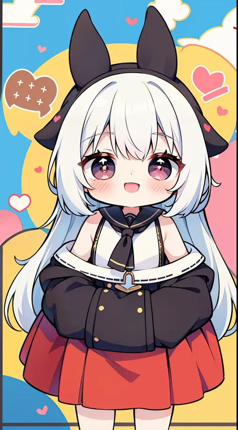 cute publicitary (((chibi))) poster, white hair, asymmetrical hair, bangs, heart-shaped pupils, smile, light smile, light blush,...