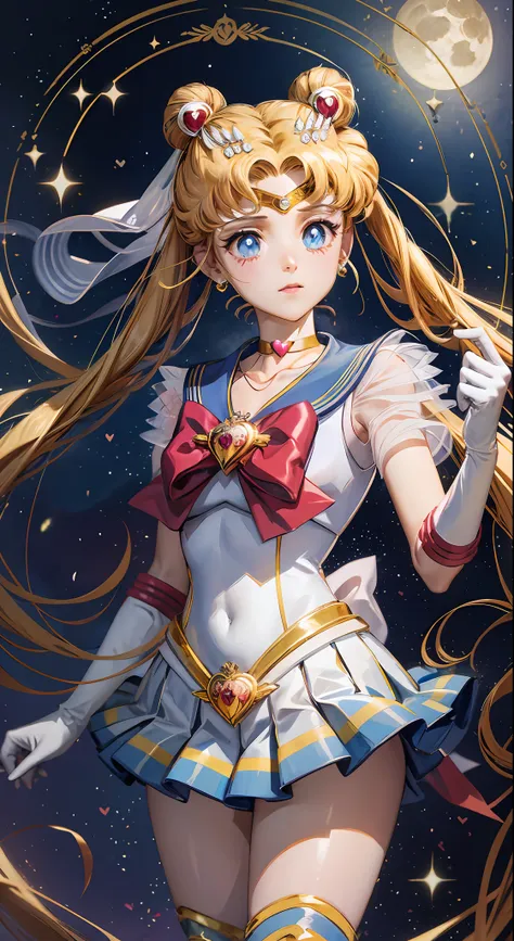 masterpiece, best quality, (1 girl), super sailor moon, cowboy lens, night sky, moonlight, night, white gloves, blue eyes, galax...