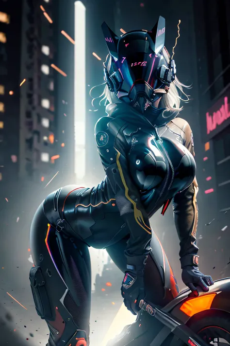 solo, Raw photo, realistic, masterpiece, best quality, high resolution, ultra detailed, offical arts, unity 8K wallpaper, offical wallpaper, moody atmosphere, chiaroscuro, celty, 1girl,1female, helmet, bodysuit, black bodysuit, skin tight, biker clothes, ...