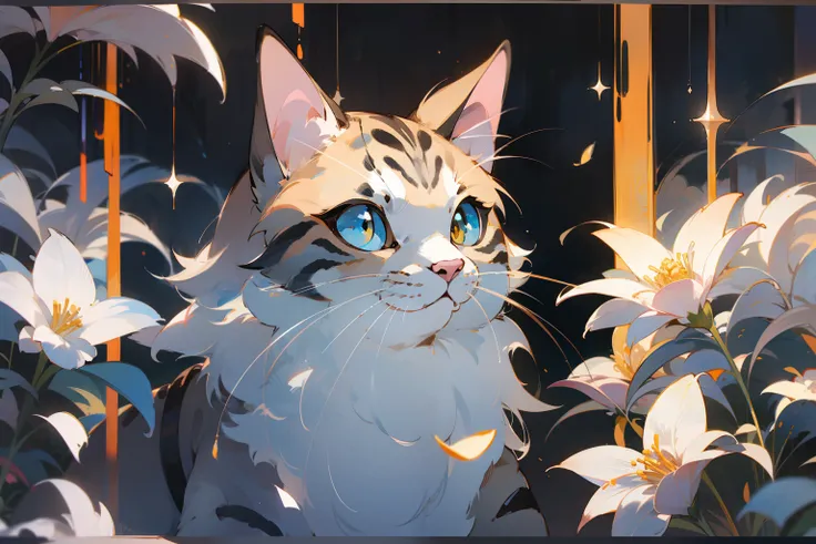 Cute gray puppet cat, Miyazaki dreamy style, Surrealist animal illustration,outside,skies,baiyun, Bow,fresh flowers,Meiji art, Light color color painting, Rich layers, Realistic figurative painting, Realistic hyper-detailed portrait style, New traditional ...