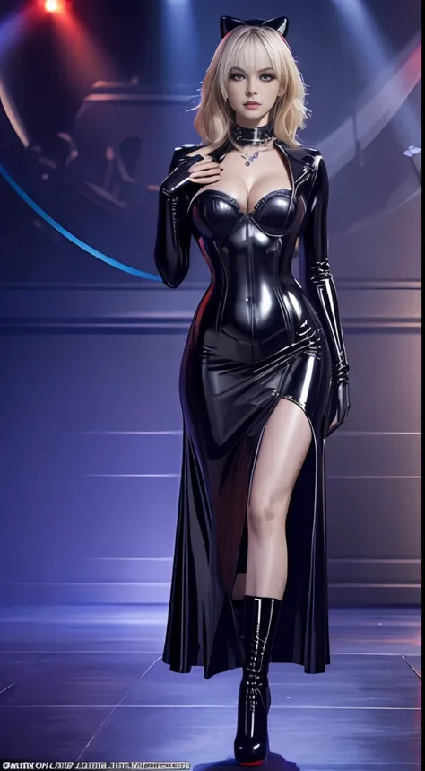 solo, super fine photo, full body picture Unreal Engine 5 8K UHD, black color scheme tight and thick latex long dress, slim body, rubber suit, shiny latex catsuit, fetish accessories, latex long glove, latex high heels boots, corset, harnesses, arm and leg...