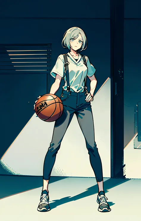 Gray pants,White suspenders,Black top,Split head in gray,shonen,Handheld basketball,white backdrop,Full Body Portraits,Character setting drawings