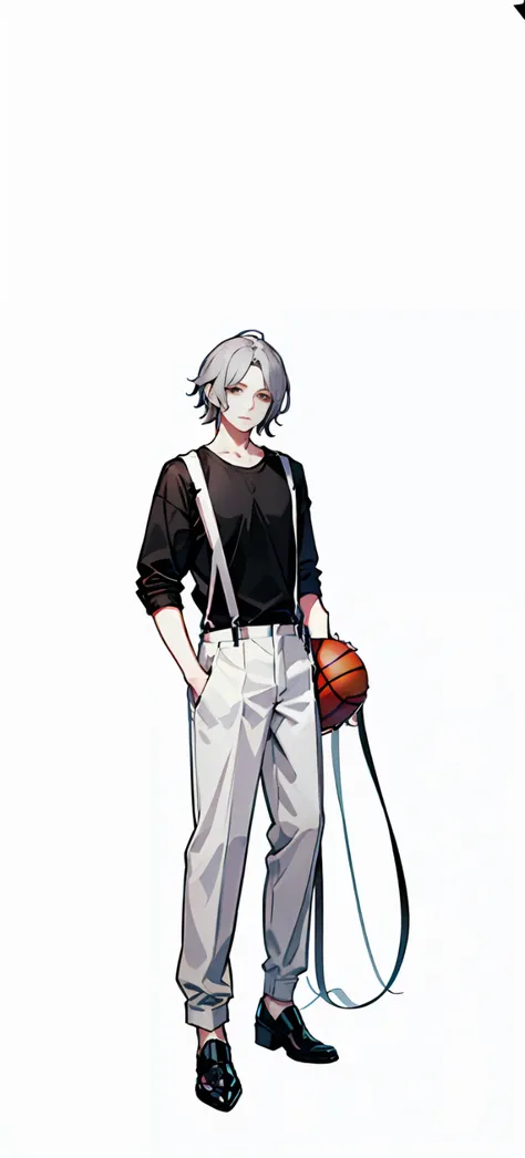 Gray hair,Black top,White suspenders,Gray pants,Handheld basketball,Cai Xukuns,Male