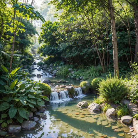 meander along a small stream，the transparent turquoise stream flows gently，the pebbles at the bottom of the river shine with cry...