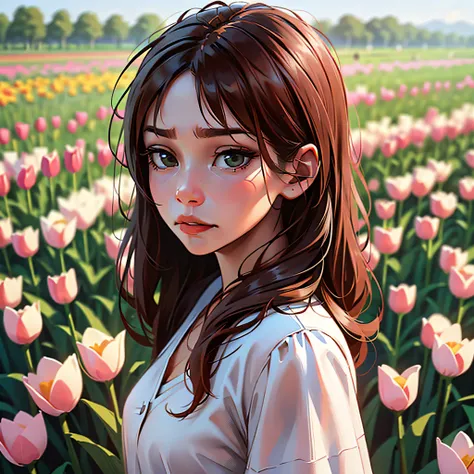 actress sarocha chankimha with soft tones and a melancholy face standing around a field of tulips