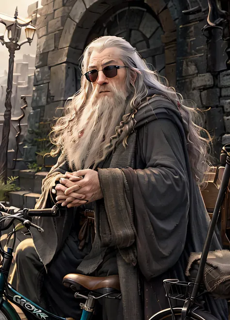 gandalf meditando ao ar livre, sentado na grrama, bike dropped in the background, looking at the camera, with cycling style sung...