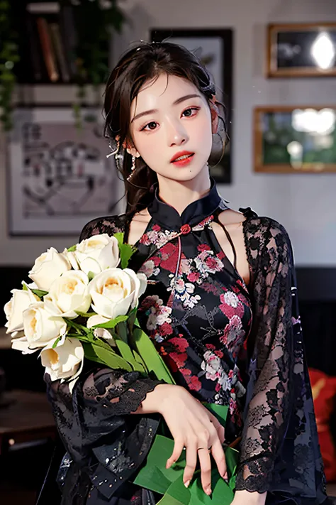 there is a woman holding a bouquet of flowers in her hands, in style of lam manh, with flowers, with acient chinese clothes, ins...