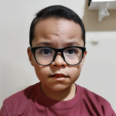 guttonerdvision6, Portrait of a 3-year-old boy wearing glasses, rosto detalhado, olhos brilhantes, skin pores. Looking From Fretnte to Camera, usando roupa despojada. Fundo claro e neutro com profundidade de campo, imagem intrincada, realista, detalhada. U...