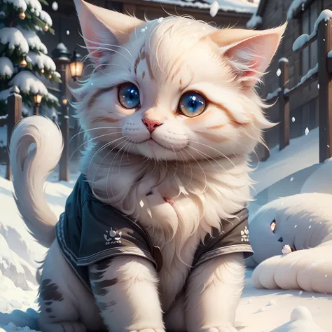 masterpiece,best quality,ultra-detailed,extremely detailed cg unity 8k wallpaper,a cute kitty,white,a puppy dog,snow