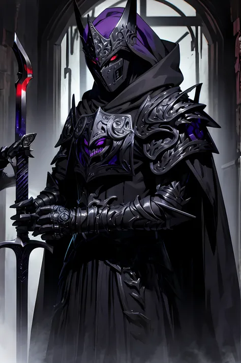 dark soul, a bodyless armor, black shawl, black hood, no face, male, armor carving, demonic armor, black face, scarlet eyes, bar...