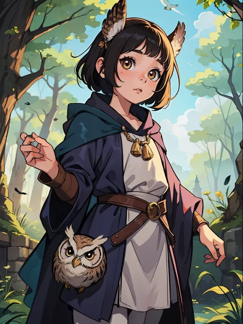 a girl child a young small and cute child she is half owl half human a hybrid a child with owl traits by the body as a humanoid owl child with medieval costumes and some feathers by the body character for medieval RPG style dnd
