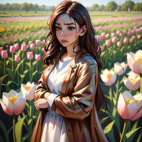 actress sarocha chankimha with soft tones and a melancholy face standing around a field of tulips