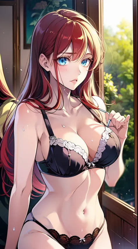 Twins, sister, 2women, Delicate Face, Long Eyelashes, (red Hair), (ree Eye: 1.3), (black Hair), Medium Cleavage, Tartan Check, Music Room, Top Angle, Uniform, Light Blue Underwear, wet, Thin body, White yogurt on Breast , White Liquid All Over Chest and br...