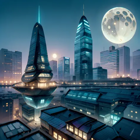 vessel flying between buildings, medieval and futuristic buildings, futuristic magical city, two moons in sky, noite, boat flyin...