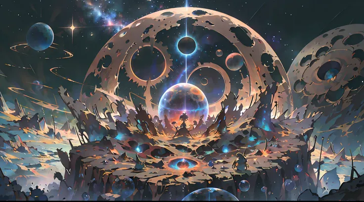 Masterpiece, top quality, high quality, highly detailed CG Unity wallpaper, depth of field, HDR, photorealistic, highly detailed, complex, high detail, beautiful ant nest shrouded in transparent mist, hemispherical, space, universe, galaxy, star, planet, a...