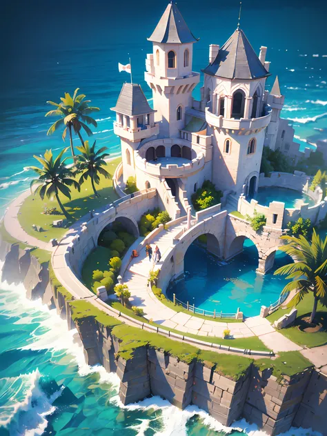 cartoon style, top-down view, scene illustration, nature, ancient magical architecture, castle, main fort, fortress, polygon, game architecture design, super detail, summer, ocean waves, swimming ring, shells, flowers, tropical fruits, trees, casual game s...