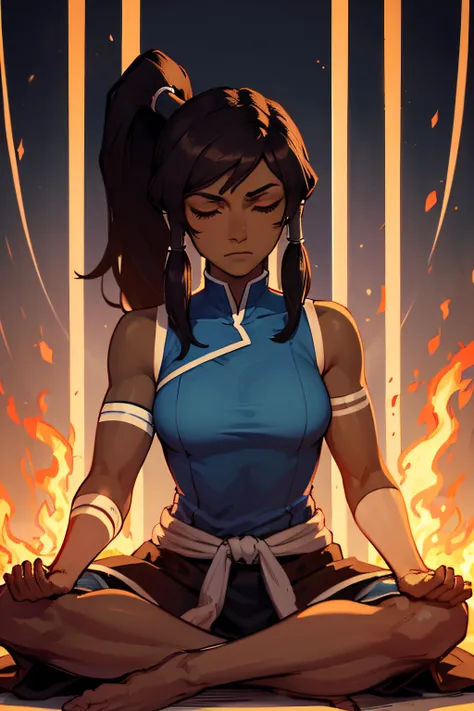 masterpiece, best quality, 1girl, korra, casting circe of fire arround her, solo, dark skin, blue eyes, brown hair, dark-skinned...