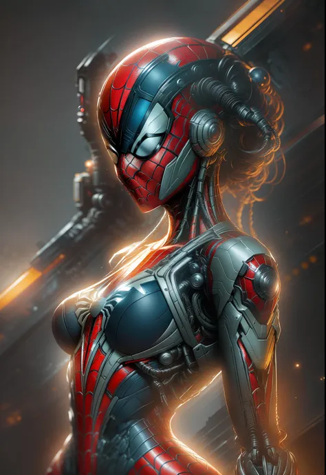 photo of woman dressed as spider-man from marvel, biomechanical, complex robot, full growth, hyper-realistic, insane small detai...