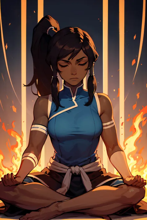 masterpiece, best quality, 1girl, korra, casting circe of fire arround her, solo, dark skin, blue eyes, brown hair, dark-skinned female, fire, hair tubes, dark, ponytail, long hair, topknot, breasts, bare shoulders, serious, closed eyes, meditating, sittin...