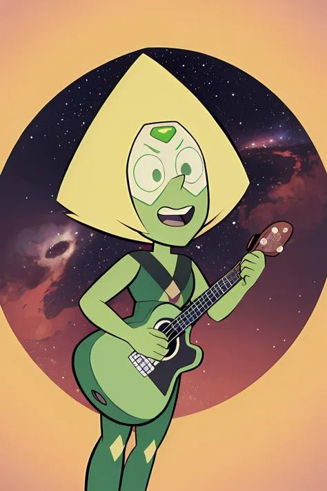 best quality, ultra-detailed cartoon illustration of a joyful and energetic peridot with a green ukulele, floating in a colorful...