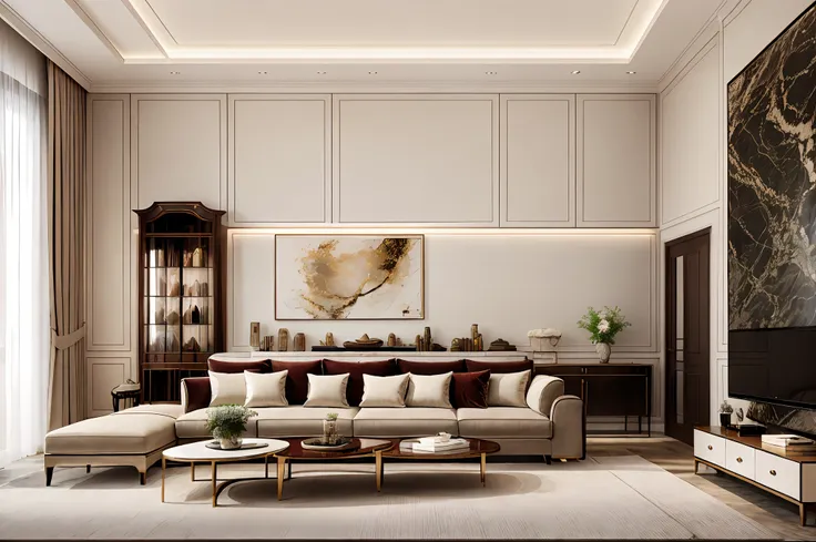 in this new cindochina style living room，on one side of the wall hangs a traditional landscape painting，creates an atmosphere of...