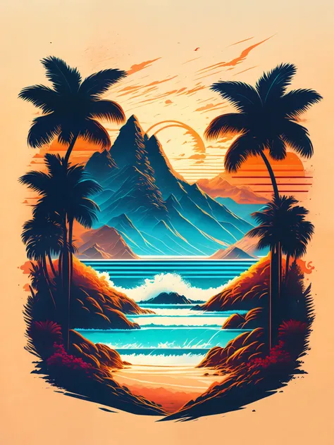 A beach in a summer landscape, T-shirt design, Midjourney, Vector Art, Hydro74